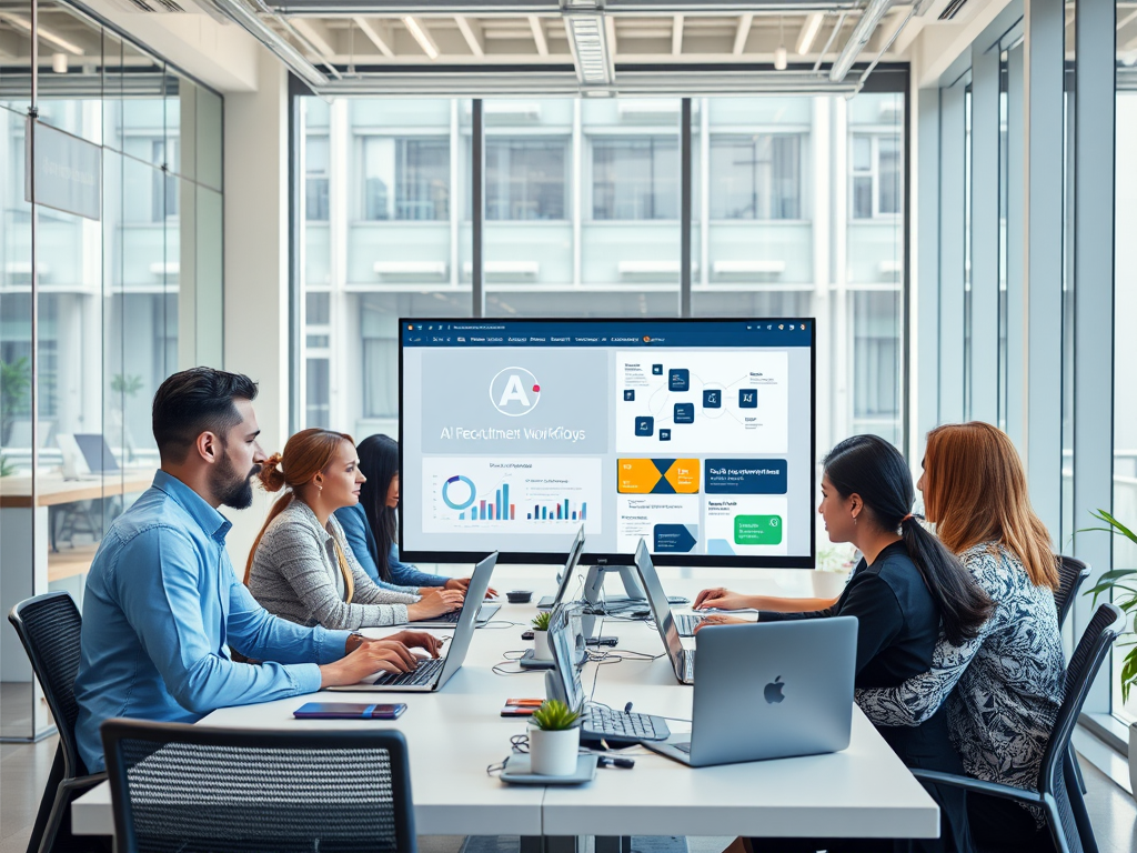 "modern office setting" with "diverse professionals collaborating" around "laptops and digital screens" showing "AI recruitment workflows", "bright natural light", and "organized workspace".