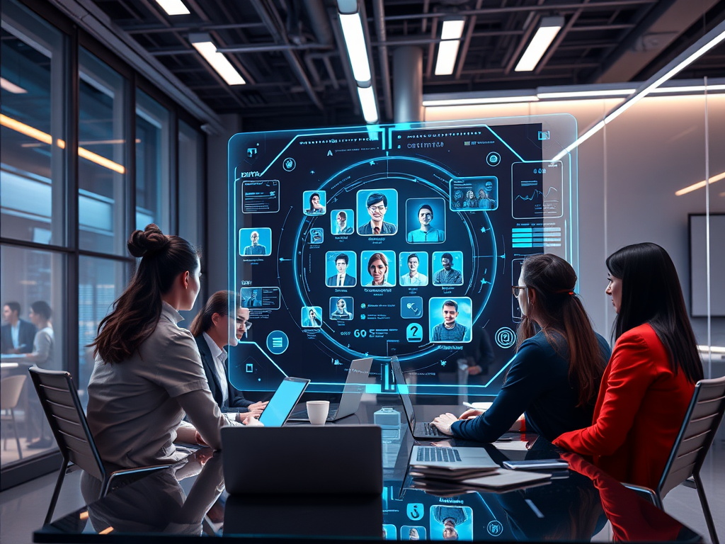 "a futuristic office setting" with "a diverse group of recruiters around a digital holographic AI interface" showing "data streams and candidate profiles" under "bright modern lighting" and "sleek technology devices."