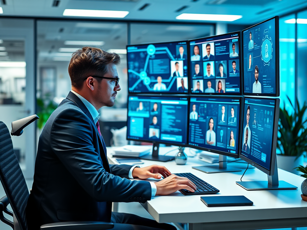 "professional recruiter at modern desk" "multiple screens showing AI data flow" "diverse candidates in digital network" "bright, efficient office environment" "focused expressions" "dynamic, futuristic recruitment process"