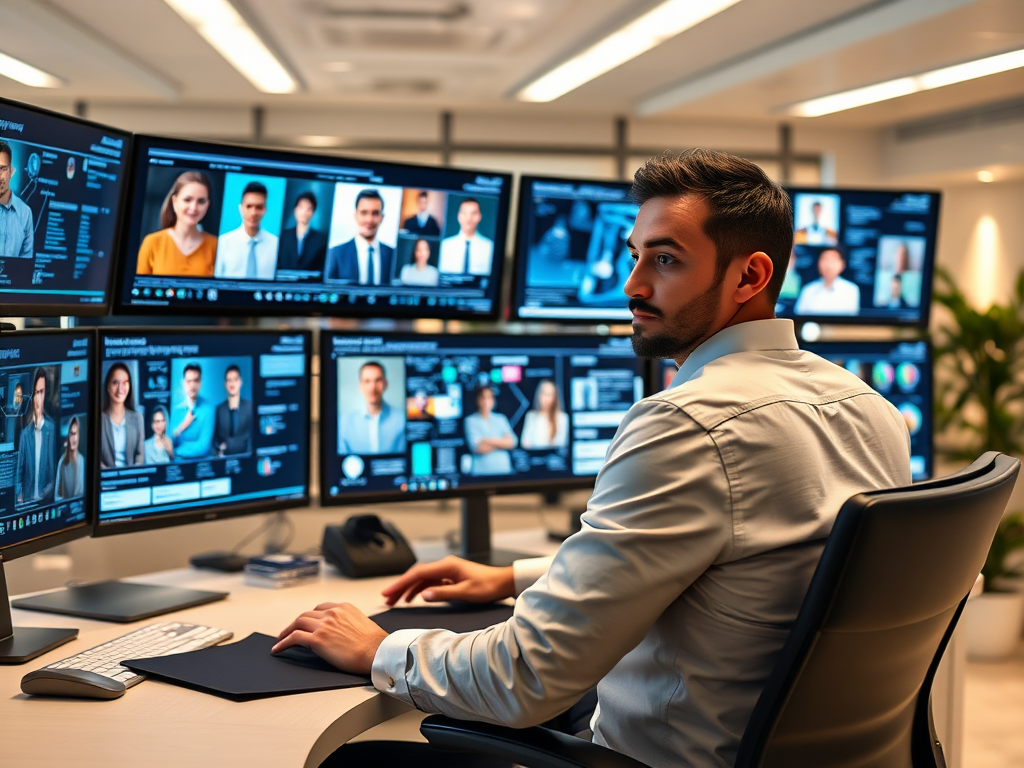 "professional recruiter at modern desk" "multiple screens showing AI data flow" "diverse candidates in digital network" "bright, efficient office environment" "focused expressions" "dynamic, futuristic recruitment process"