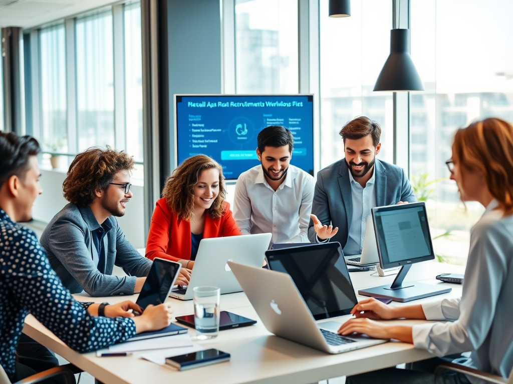 "modern office setting" with "diverse professionals collaborating" around "laptops and digital screens" showing "AI recruitment workflows", "bright natural light", and "organized workspace".