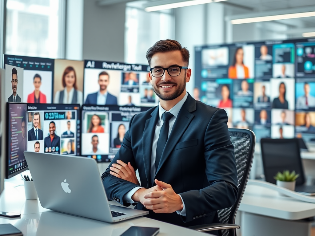 "professional recruiter at modern desk" "multiple screens showing AI data flow" "diverse candidates in digital network" "bright, efficient office environment" "focused expressions" "dynamic, futuristic recruitment process"