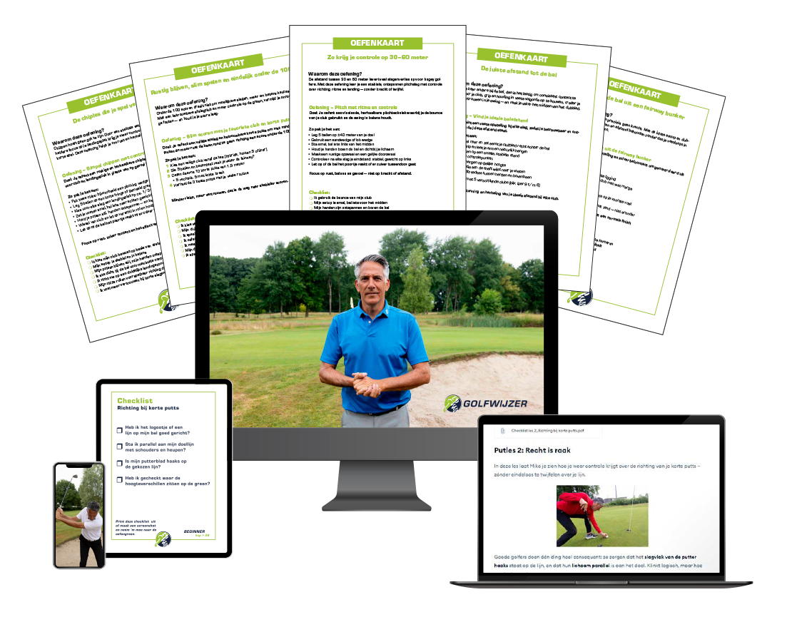 Mock-up van een laptop met een golflesvideo van Mike van Wieringen en een printbare oefenkaart, onderdeel van het Basic-abonnement van de Golfwijzer Community