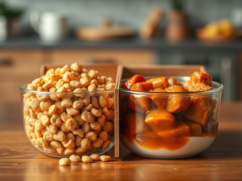 "Dry kibble bowl, golden crunchy pellets, balanced nutrition" "Wet food bowl, glossy meaty chunks in gravy, fresh and juicy" "Mixed box open revealing both bowls, playful cat whiskers visible, warm soft lighting, cozy kitchen setting, shallow depth of fie