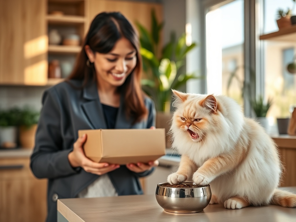 "happy cat owner carrying small, neat delivery box" "content fluffy cat eagerly eating from bowl" "cozy modern kitchen, sunlight, plants" "minimal packaging, tidy countertop"