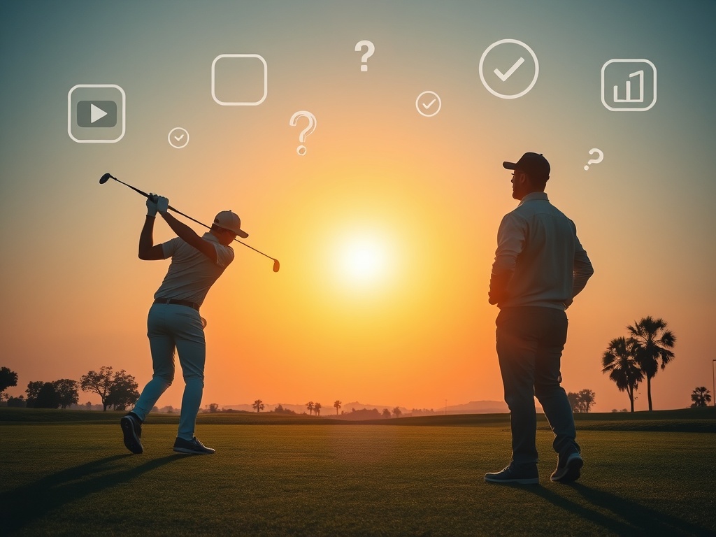 "sunlit golf course dawn" "confident golfer mid-swing" "floating icons