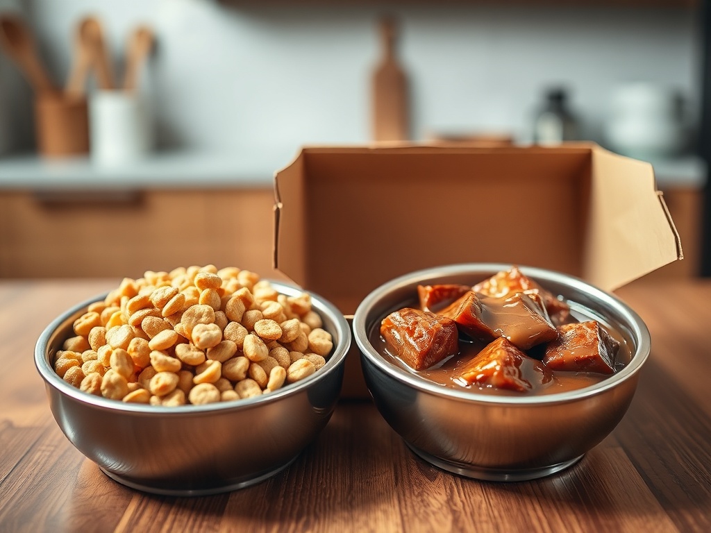 "Dry kibble bowl, golden crunchy pellets, balanced nutrition" "Wet food bowl, glossy meaty chunks in gravy, fresh and juicy" "Mixed box open revealing both bowls, playful cat whiskers visible, warm soft lighting, cozy kitchen setting, shallow depth of fie