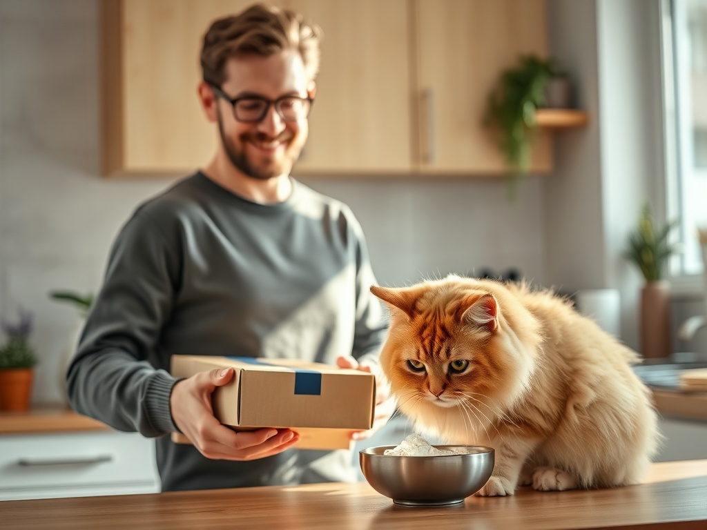 "happy cat owner carrying small, neat delivery box" "content fluffy cat eagerly eating from bowl" "cozy modern kitchen, sunlight, plants" "minimal packaging, tidy countertop"