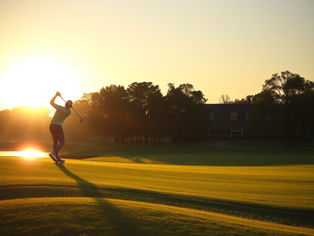 "Sunlit golf course at golden hour" "Focused golfer mid-swing" "Rolling emerald fairway" "Distant clubhouse" "Calm pond reflections"