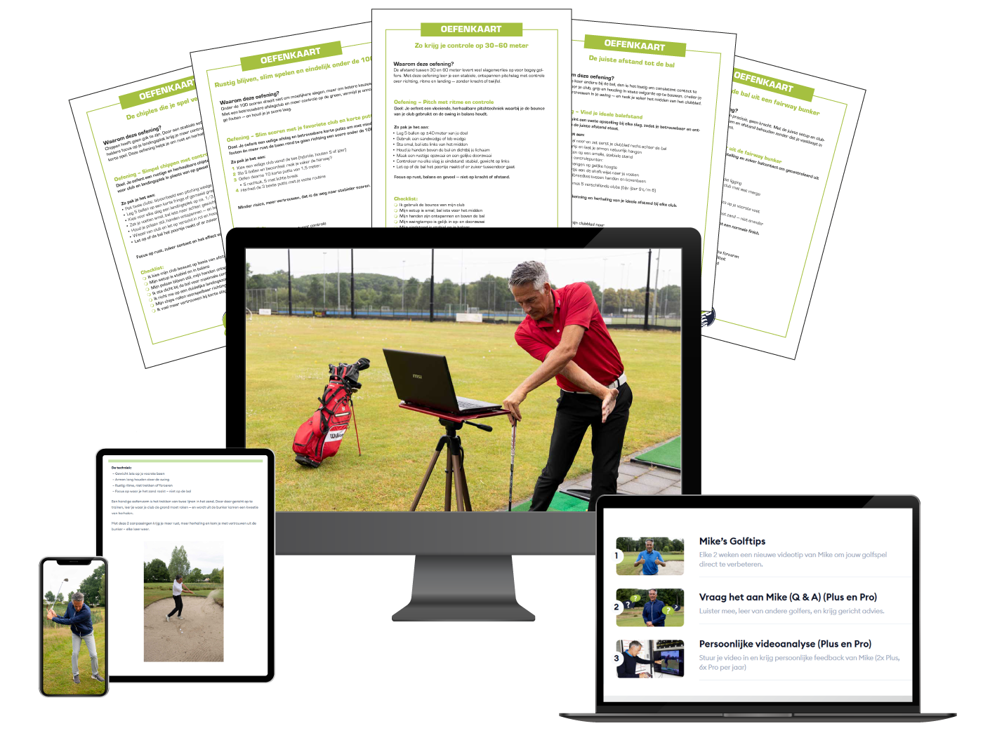 Mock-up van laptop, iPad en smartphone met golflesvideo’s van Mike van Wieringen, onderdeel van het Plus-abonnement van de Golfwijzer Community