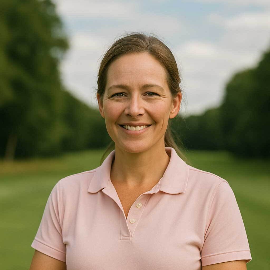 Vrouw met lichtroze poloshirt en witte golfhandschoen, lachend op een zonnige golfbaan