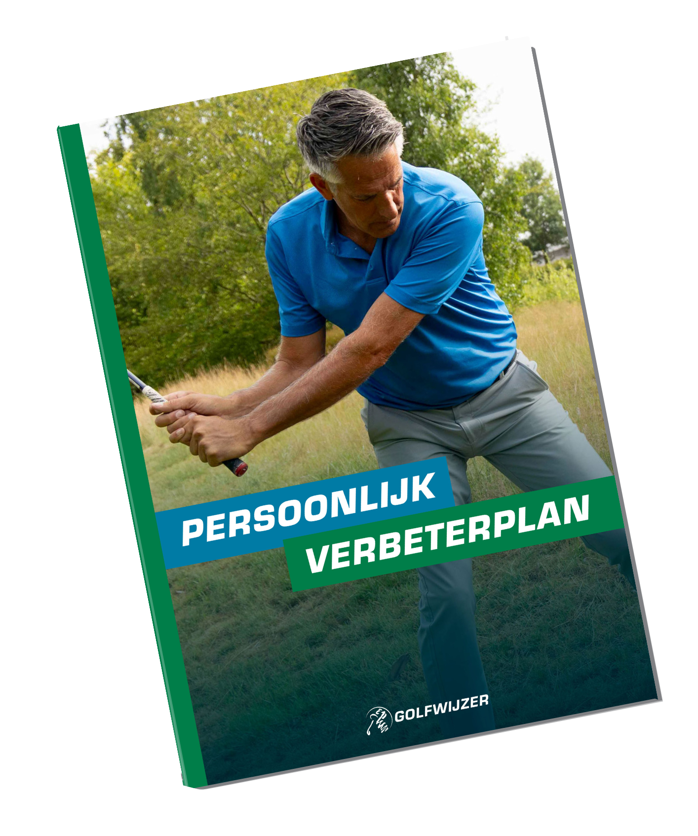Afbeelding van de mock-up van het Persoonlijk Verbeterplan van Golfwijzer: digitaal PDF met oefeningen, analyses en invulschema’s om balvlucht, techniek en routines stap voor stap te verbeteren en vooruitgang bij te houden.
