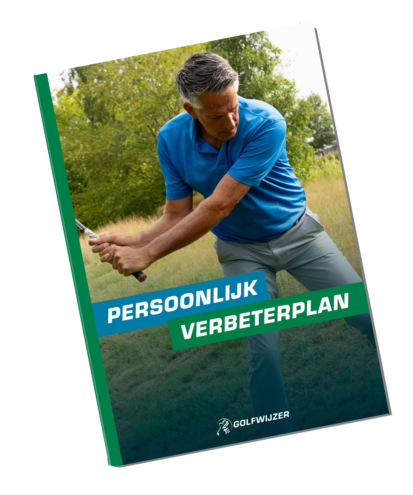Afbeelding van de mock-up van het Persoonlijk Verbeterplan van Golfwijzer: digitaal PDF met oefeningen, analyses en invulschema’s om balvlucht, techniek en routines stap voor stap te verbeteren en vooruitgang bij te houden.