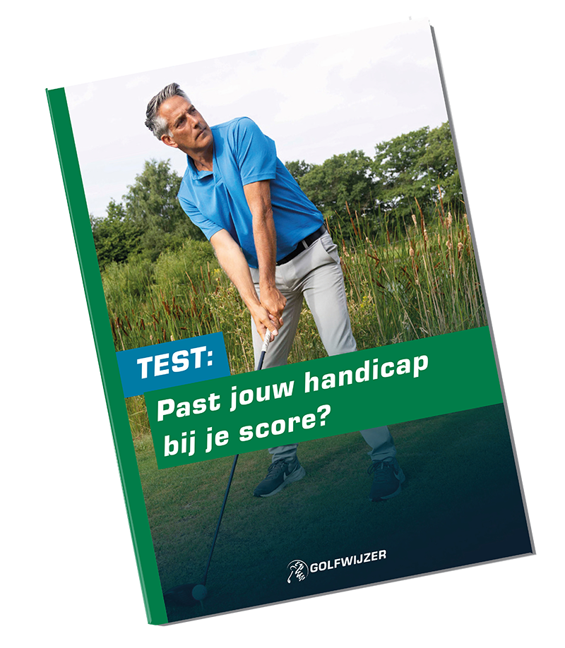 Afbeelding van de mock-up van de Golfwijzer Handicaptest: digitaal PDF van 6 pagina’s met oefeningen en scorekaarten om te testen of je handicap aansluit bij je spel.