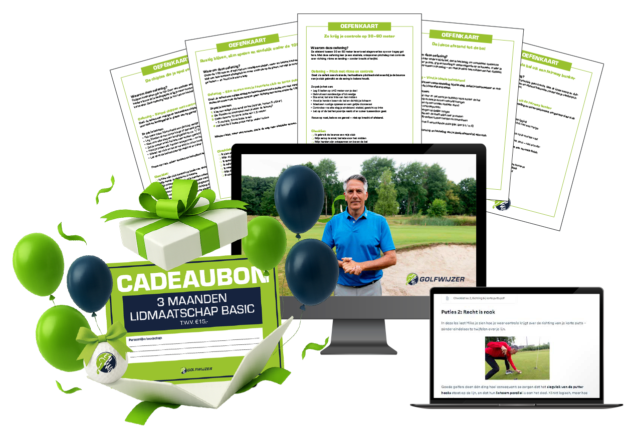 Afbeelding met een mock-up van de online leeromgeving van Golfwijzer en oefenkaarten, die de ontvanger krijgt bij het activeren van de 3 maanden Golfwijzer Basic-cadeaubon