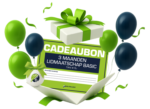 Afbeelding van een open cadeauverpakking met ballonnen en Golfwijzer-cadeaubon waarmee golfers 3 maanden of 1 jaar lidmaatschap cadeau krijgen.