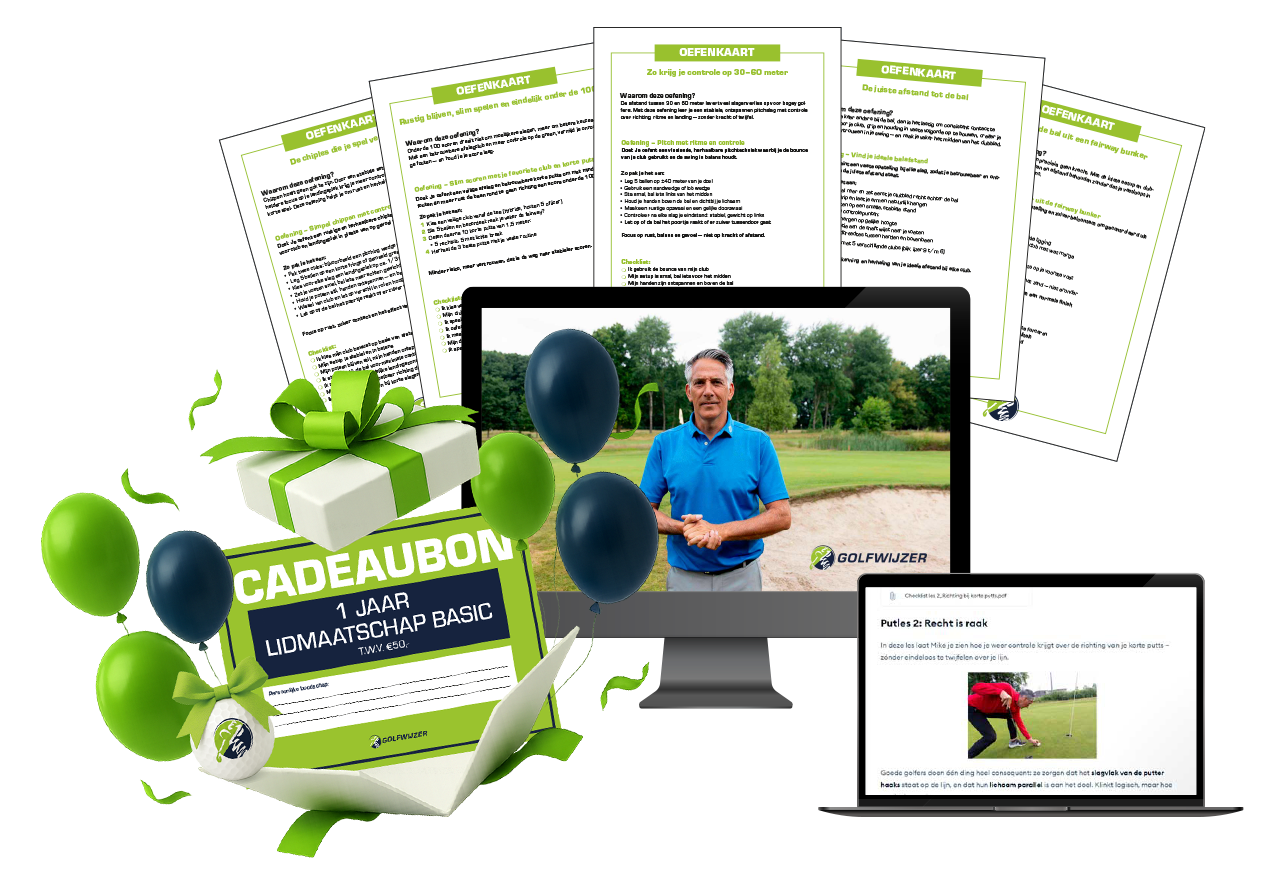 Afbeelding met een mock-up van de online leeromgeving van Golfwijzer en oefenkaarten, die de ontvanger krijgt bij het activeren van de Golfwijzer Basic-cadeaubon van 1 jaar