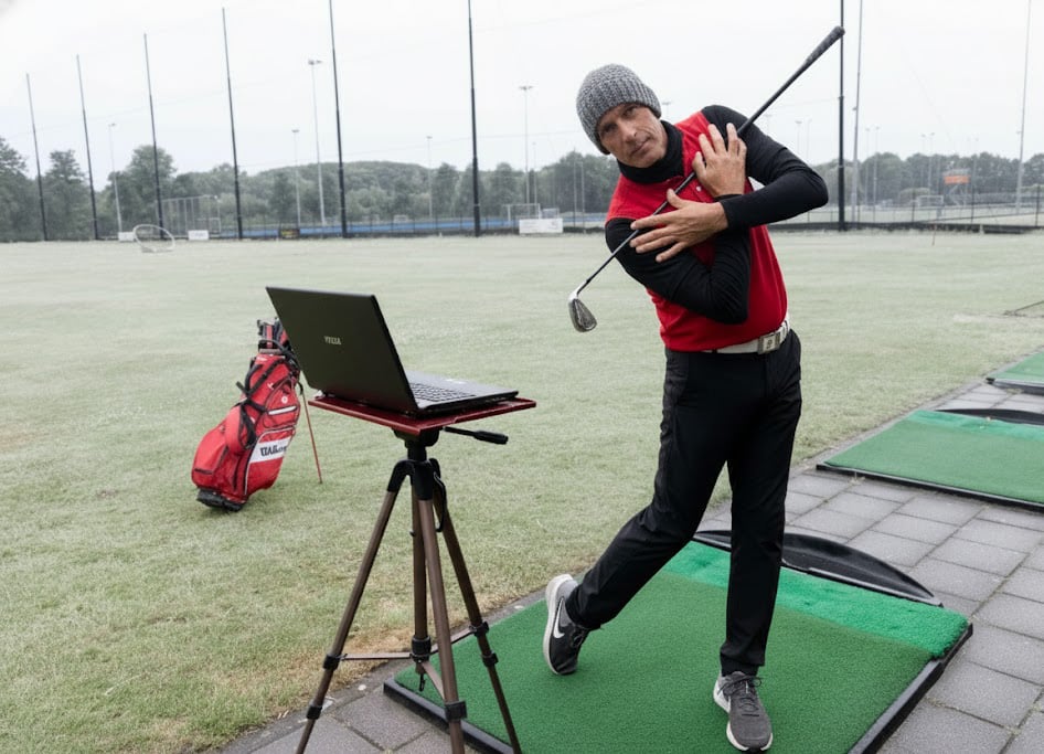 Golfpro Mike van Wieringen staat op de golfbaan met zijn laptop en geeft online uitleg tijdens een winterse Golfwijzer-workshop. De foto illustreert het online lesaanbod van de Golfwijzer Winter Deal.
