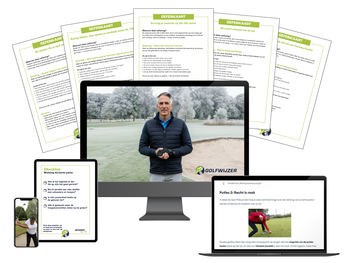 Mock-up van een laptop met een golflesvideo van Mike van Wieringen en een printbare oefenkaart, onderdeel van het Basic-abonnement van de Golfwijzer Community