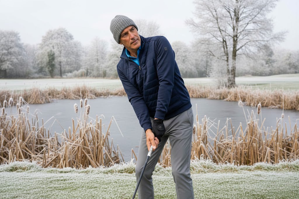 Golfpro Mike van Wieringen staat op de golfbaan in een winterse setting met lichte sneeuw. De afbeelding illustreert de Golfwijzer Winter Deal, waarbij golfers online kunnen blijven trainen tijdens de wintermaanden.