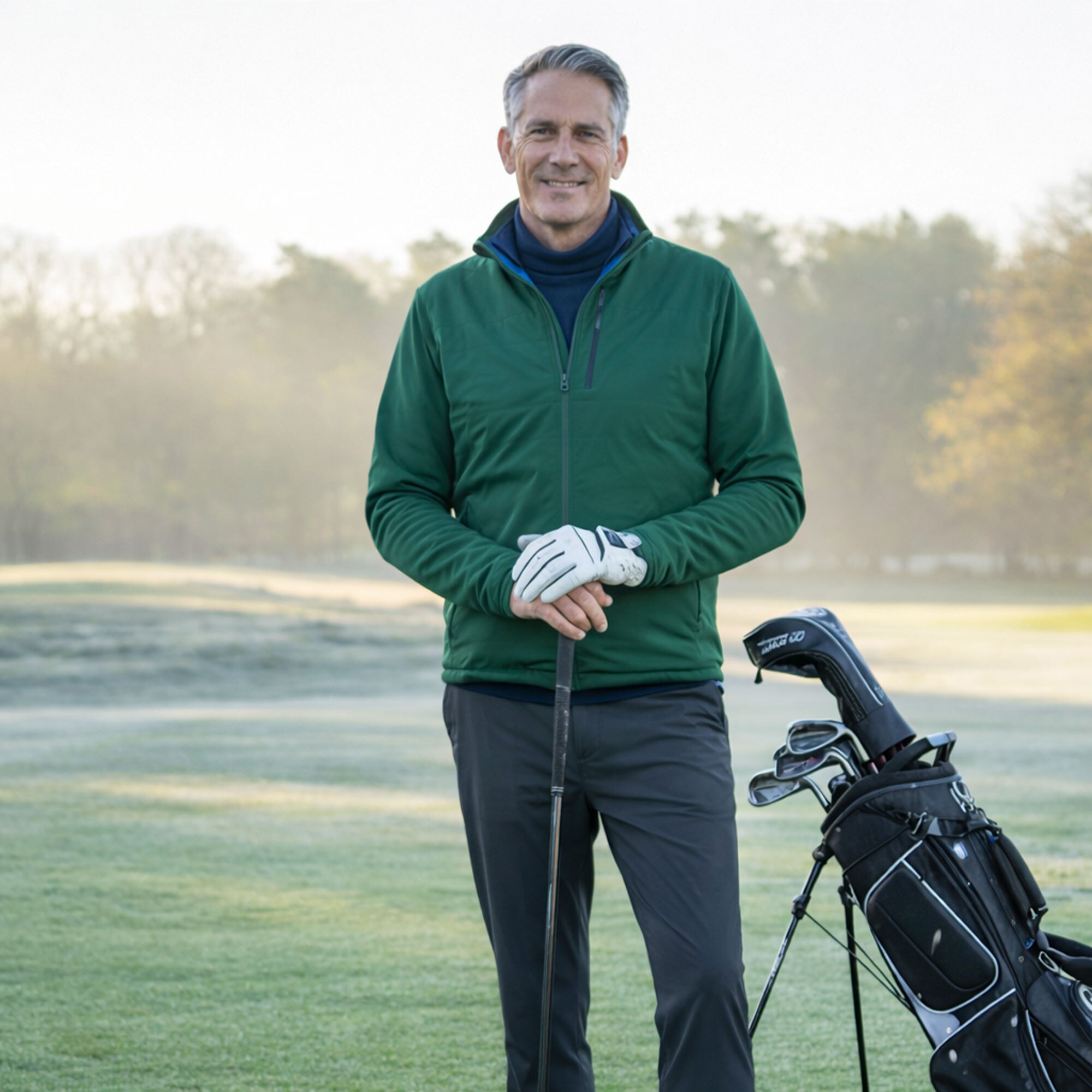 Golfcoach in een dun golfjack op de driving range