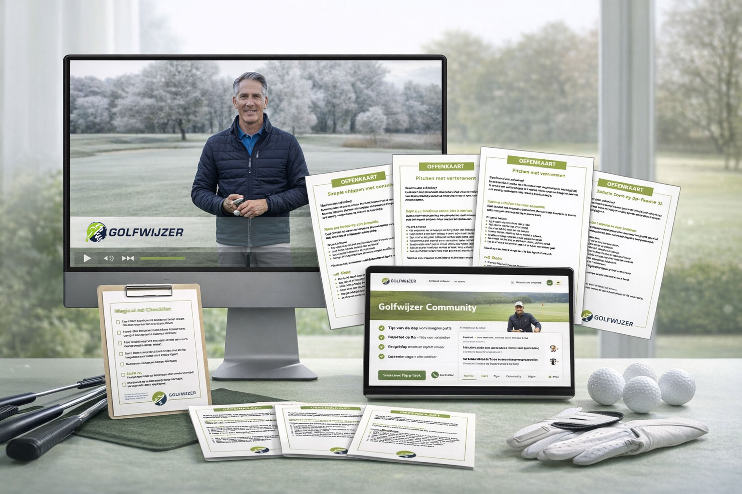 Golfpro met oefenkaarten en online golflessen van Golfwijzer Basic voor gestructureerd trainen.