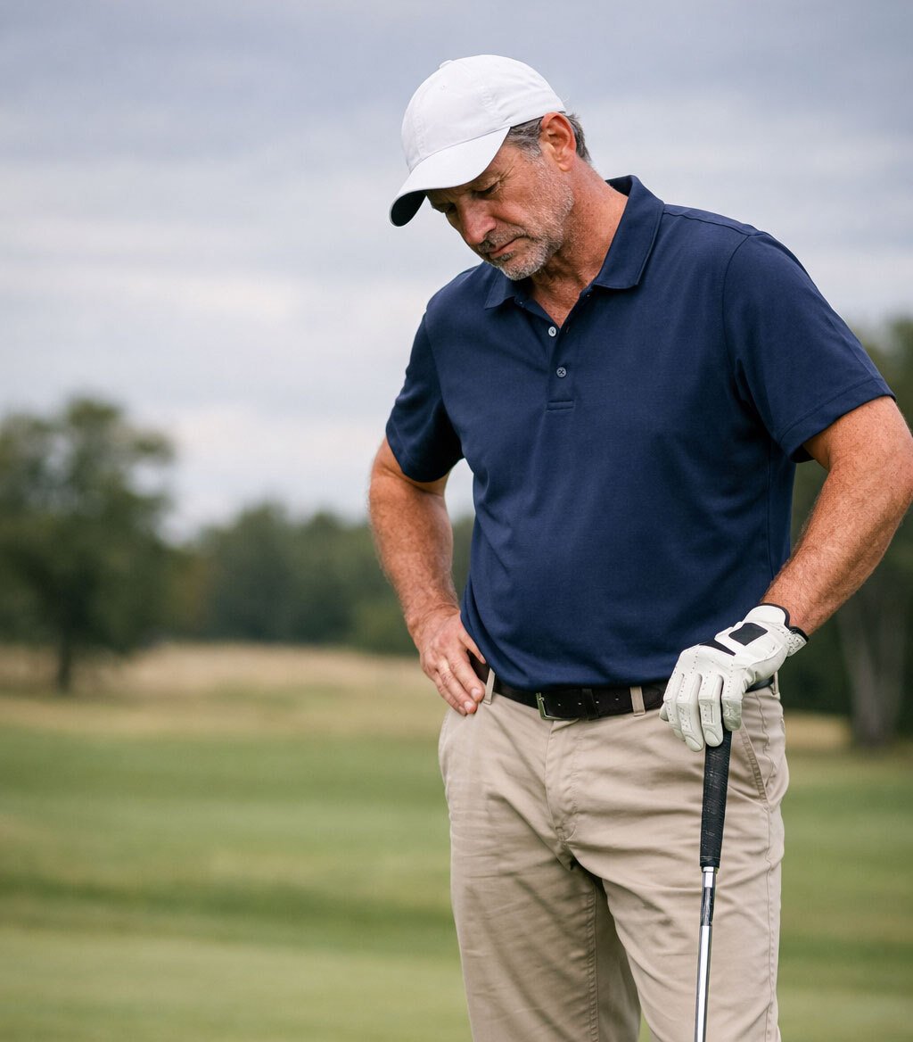Mannelijke golfer op de driving range die gefrustreerd naar zijn bal kijkt tijdens een trainingssessie zonder duidelijke structuur.