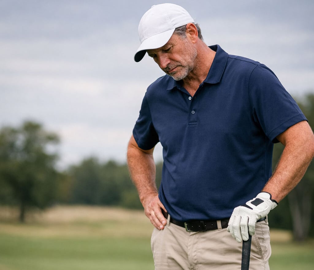 Mannelijke golfer op de driving range die gefrustreerd naar zijn bal kijkt tijdens een trainingssessie zonder duidelijke structuur.