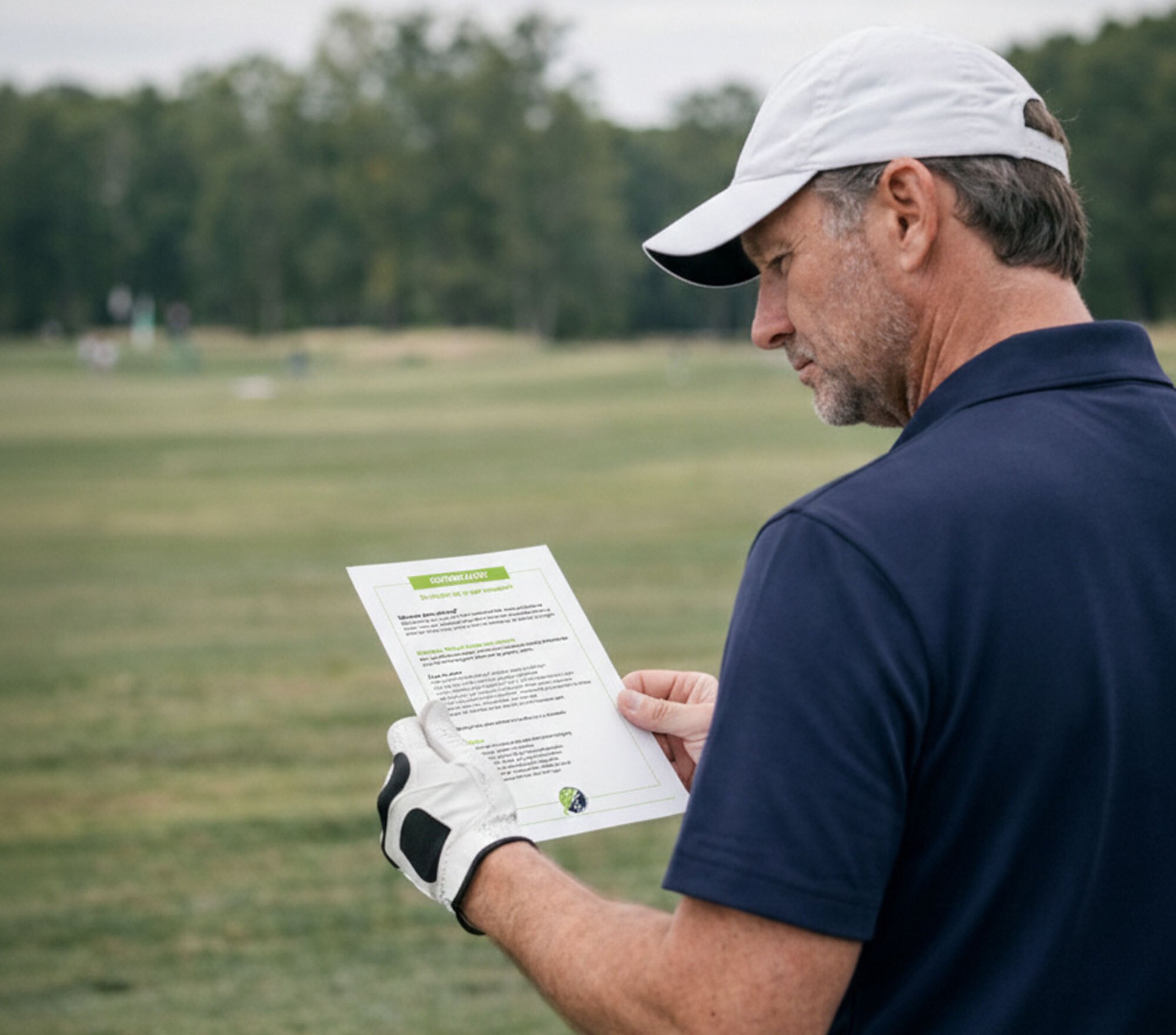 Mannelijke golfer op de driving range die een oefenkaart vasthoudt en gericht traint volgens een duidelijk plan.