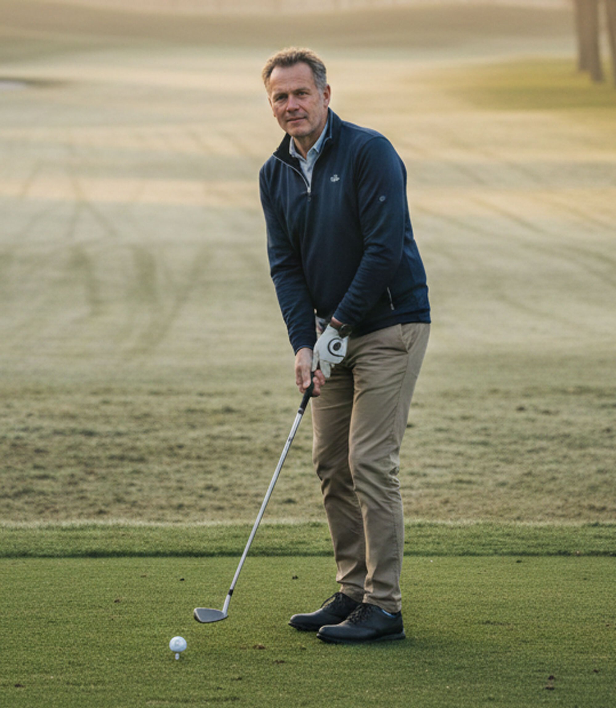 Mannelijke golfer staat ontspannen en gefocust boven zijn bal op de fairway in zacht ochtendlicht, klaar om met vertrouwen zijn slag te slaan.