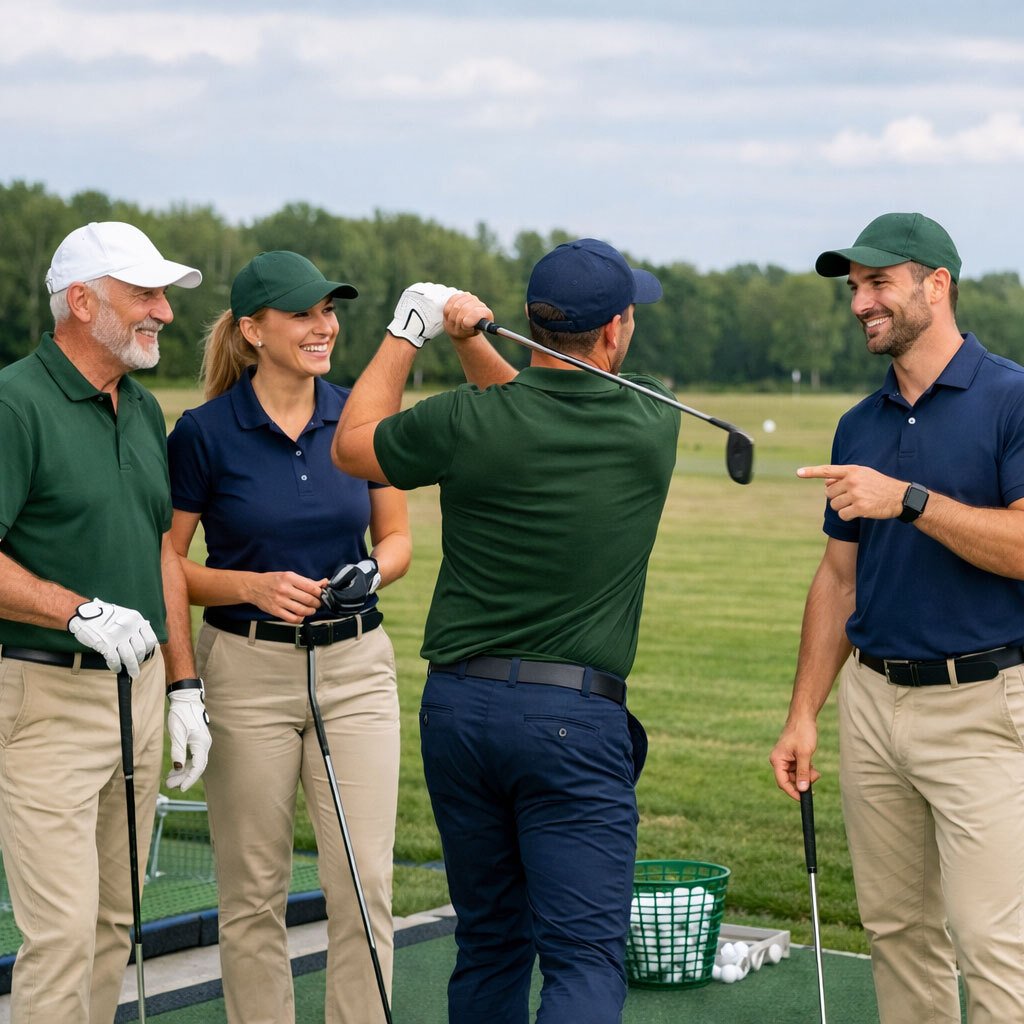 Vier golfers trainen samen op de driving range en oefenen hun swing in een ontspannen en sociale setting