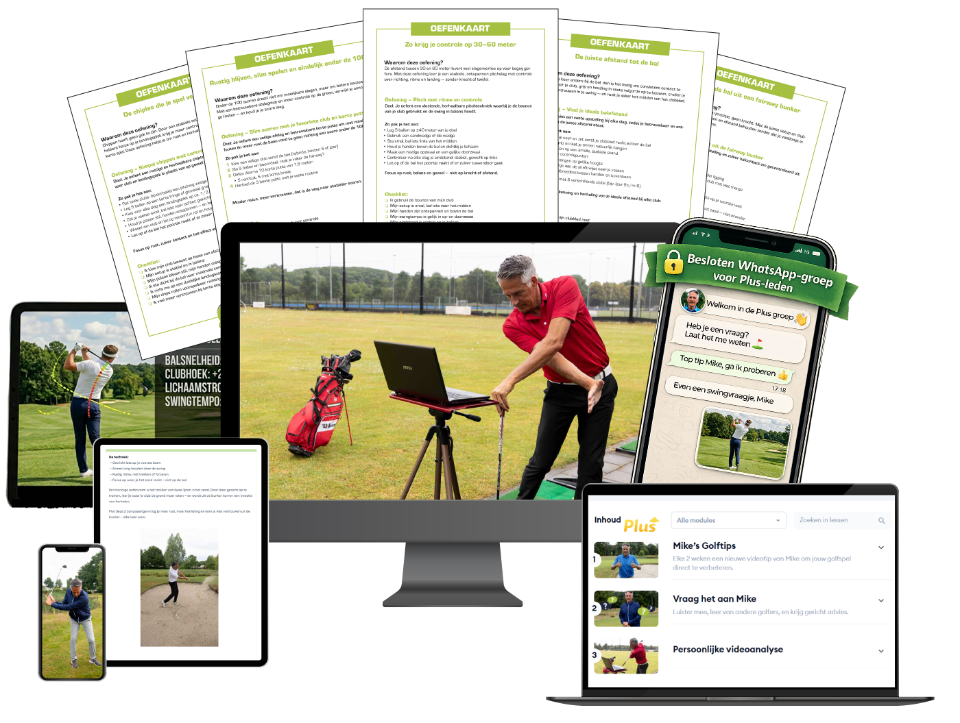 Mock-up van laptop, iPad en smartphone met golflesvideo’s van Mike van Wieringen, onderdeel van het Plus-abonnement van de Golfwijzer Community