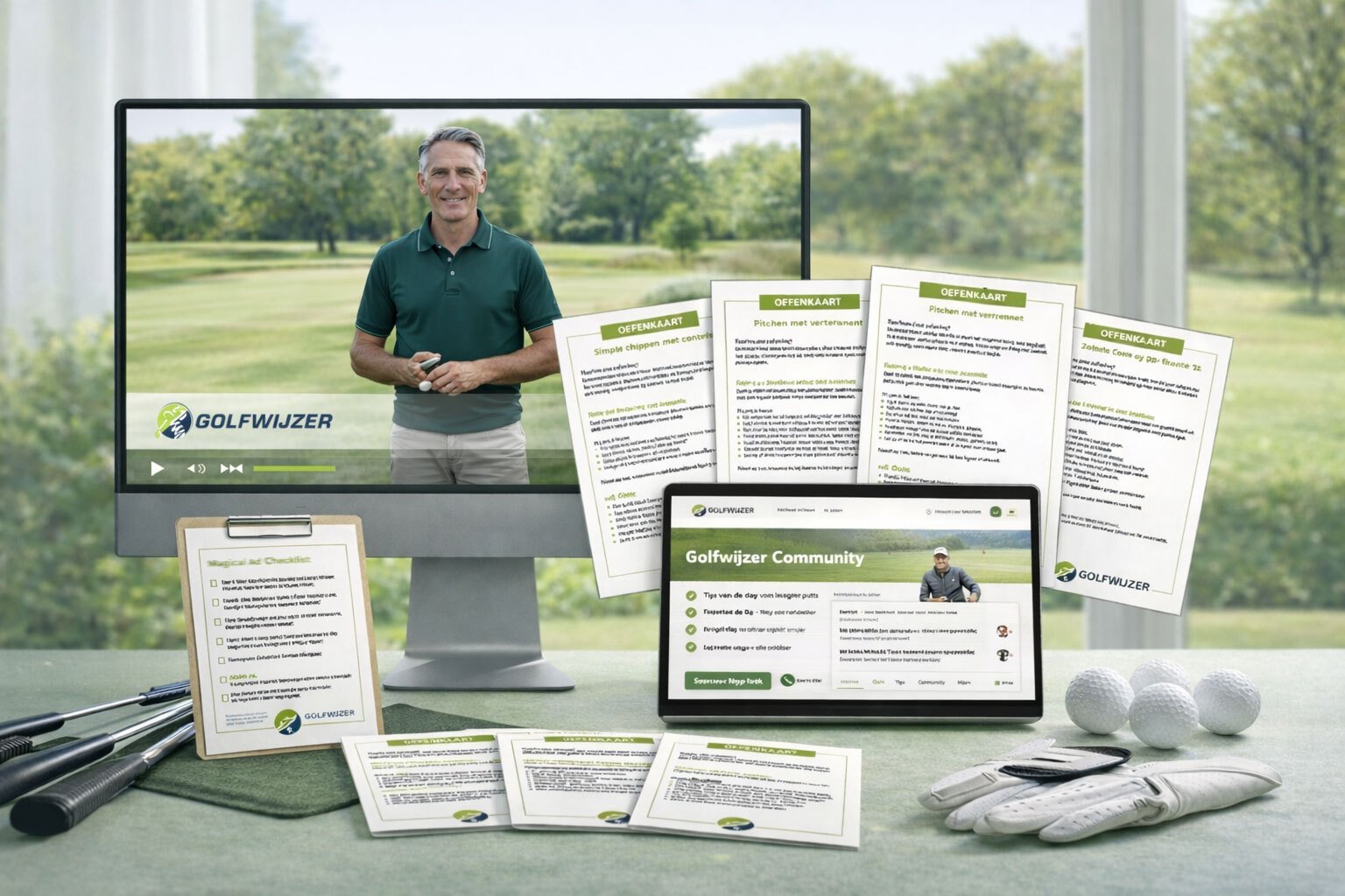 Golfpro met oefenkaarten en online golflessen van Golfwijzer Basic voor gestructureerd trainen.