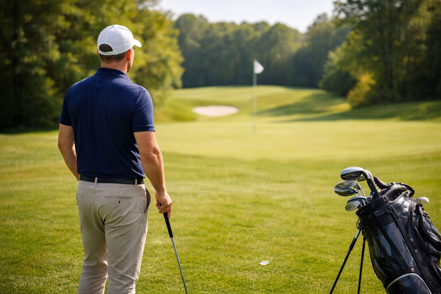Golfer op de golfbaan die zijn volgende slag voorbereidt en zijn spel analyseert