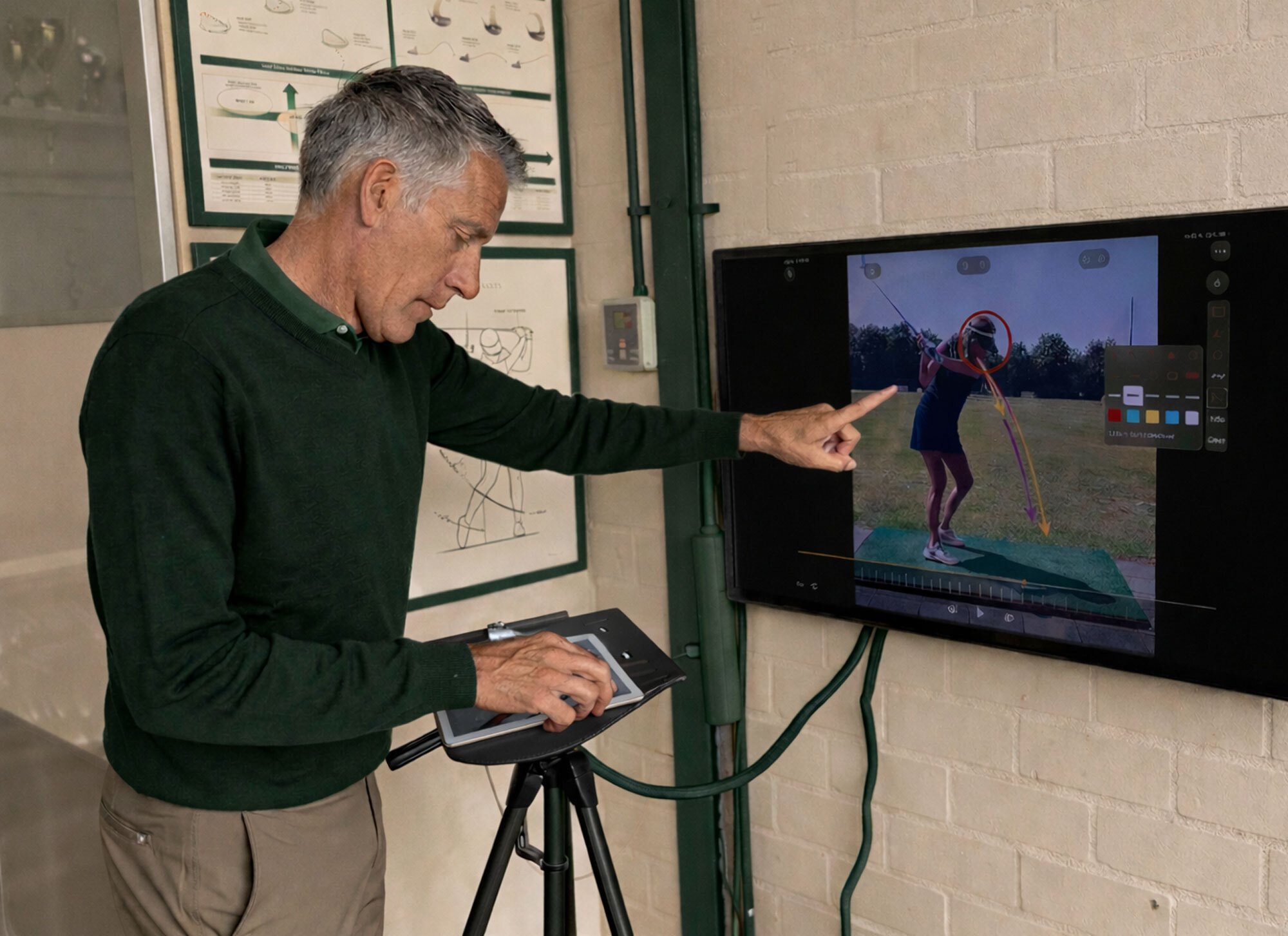 Golfpro Mike geeft persoonlijke swinganalyse aan een Golfwijzer lid