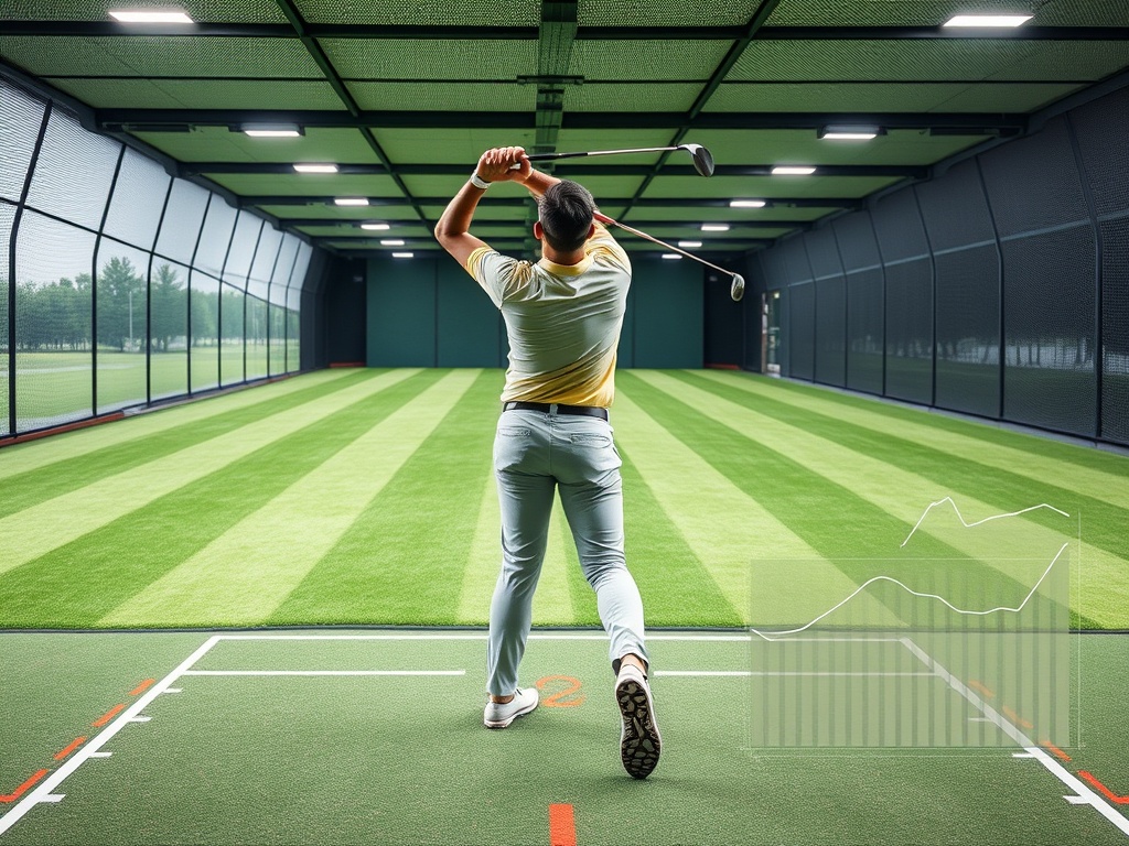 "A focused golfer on a modern driving range, mid-swing, layered by translucent overlays of beginner, intermediate, and advanced paths, with subtle metrics graphs"