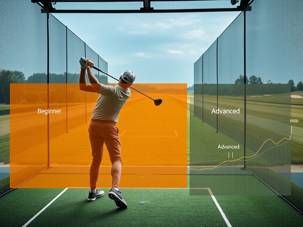 "A focused golfer on a modern driving range, mid-swing, layered by translucent overlays of beginner, intermediate, and advanced paths, with subtle metrics graphs"