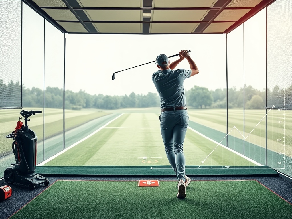 "A focused golfer on a modern driving range, mid-swing, layered by translucent overlays of beginner, intermediate, and advanced paths, with subtle metrics graphs"