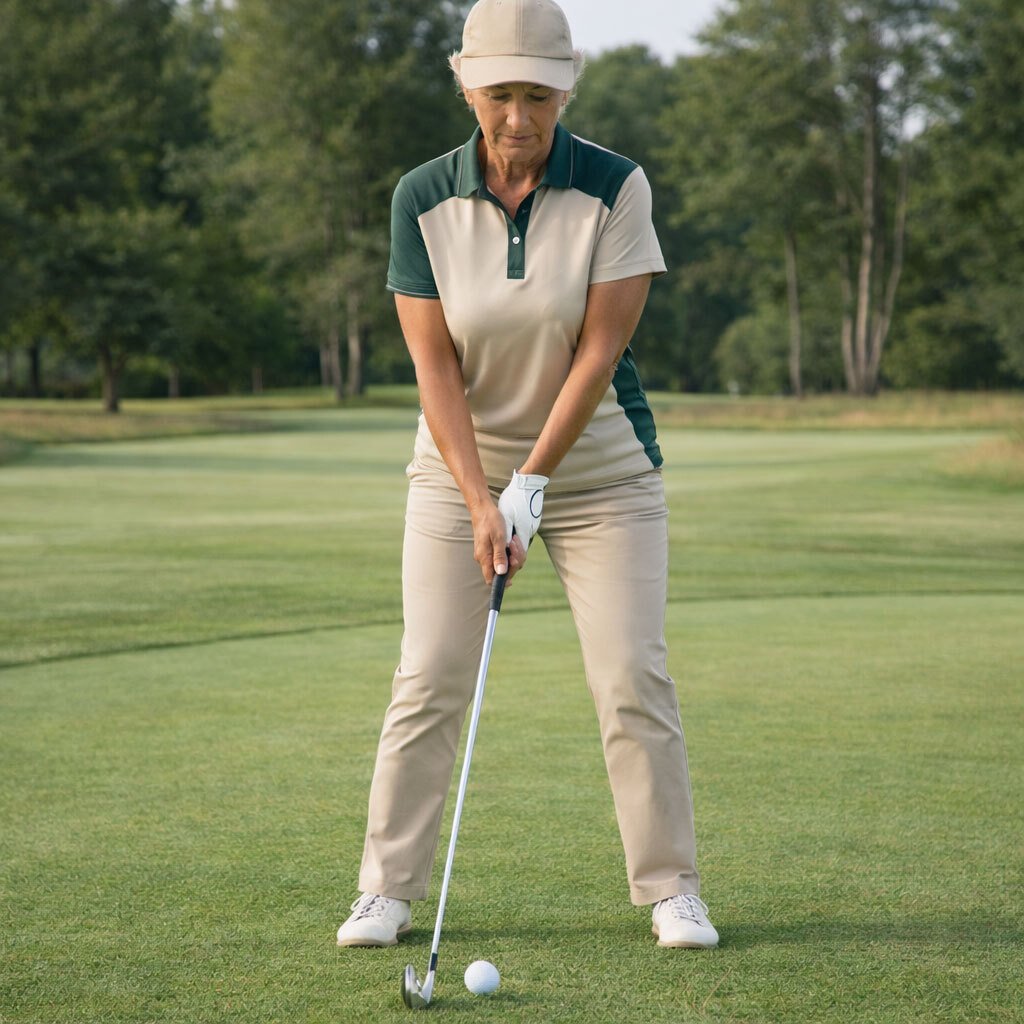 Senior vrouwelijke golfer staat geconcentreerd klaar om een golfbal te slaan op de golfbaan