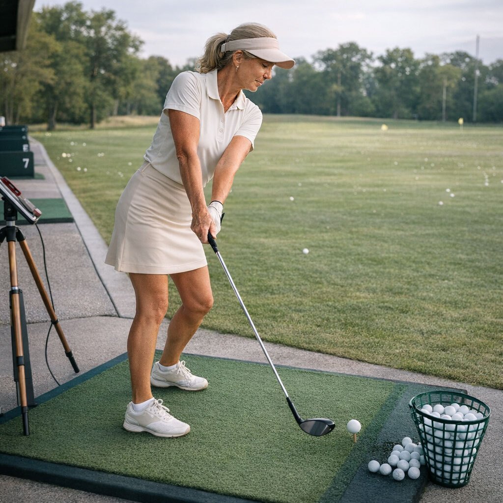 Golfer oefent op de driving range met online golfles en tips van golfpro Mike op haar mobiel