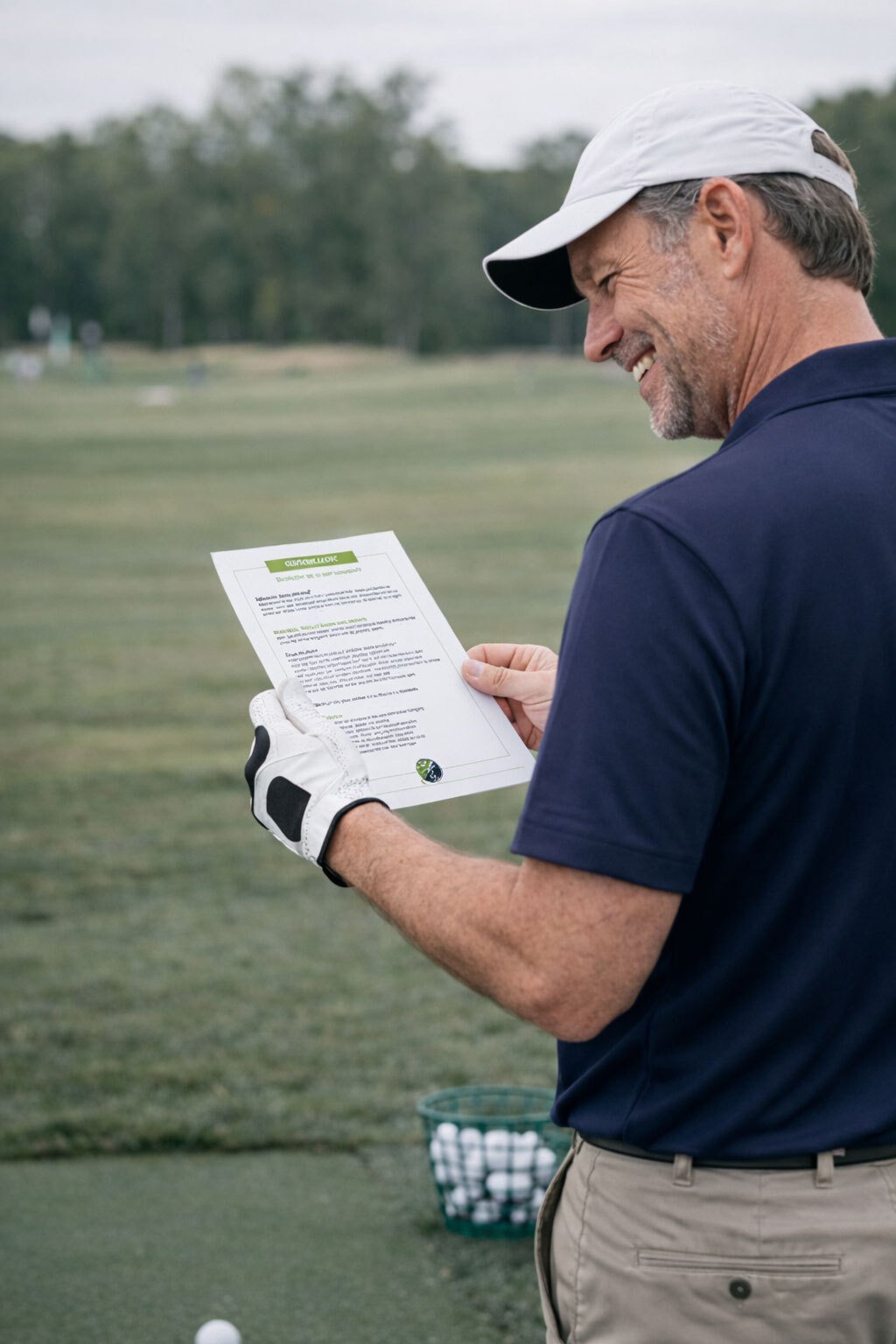 Golfer op de driving range die een oefenkaart gebruikt om gestructureerd te trainen aan zijn techniek en golfspel