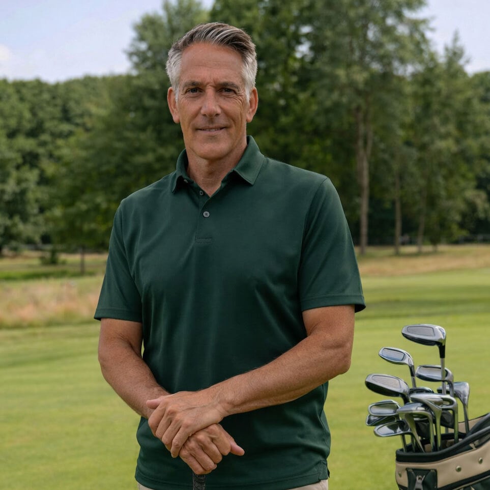 Golftrainer Mike van Wieringen helpt golfers met techniek en structuur tijdens een training
