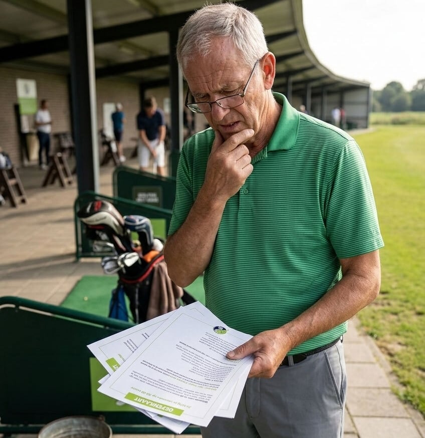 Senior golfer op de driving range kijkt twijfelend naar een oefenkaart tijdens het trainen en beseft dat gerichte begeleiding van golfpro Mike helpt om beter te oefenen.