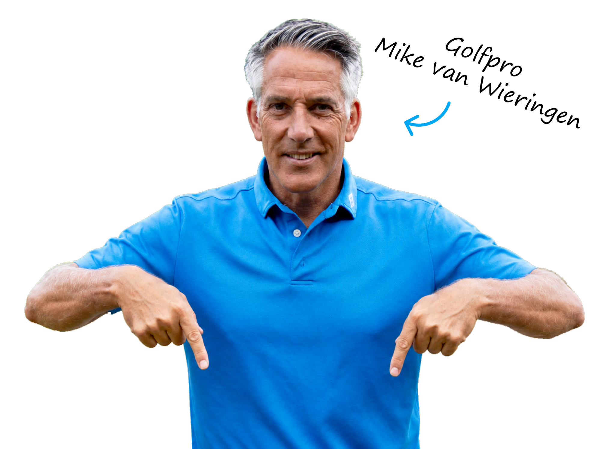 Golfpro Mike van Wieringen met wijsvingers richting de aanmeldknop van de Mini-Training