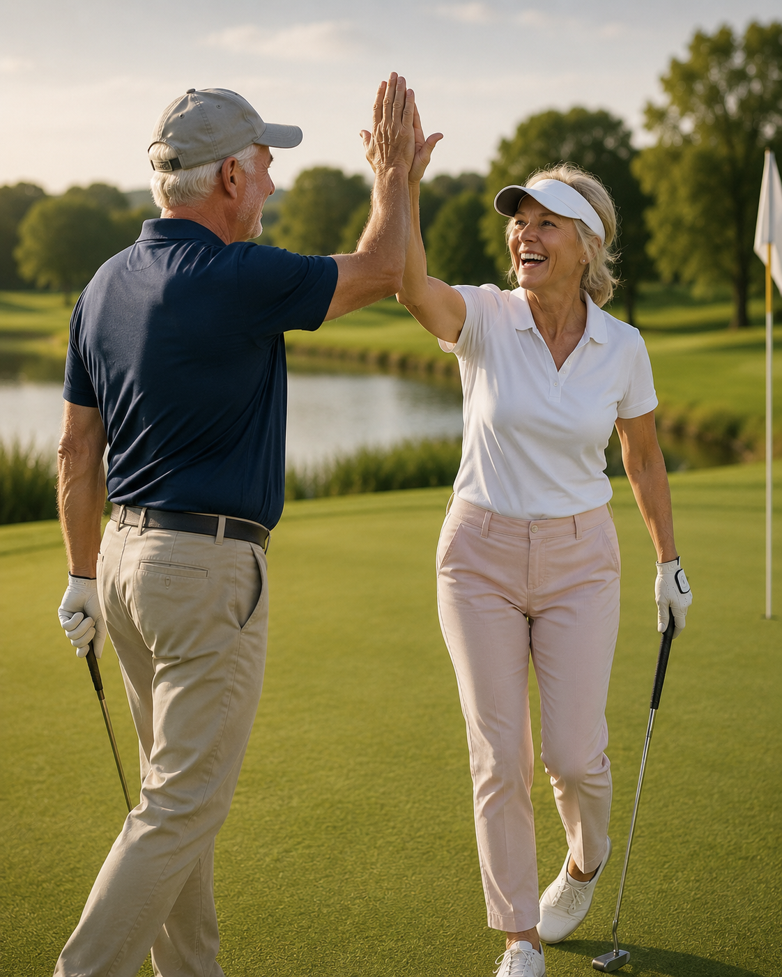 Mannelijke en vrouwelijke golfer van ongeveer 60 jaar geven elkaar een high five op de green na een geslaagde slag. Beiden lachen en genieten zichtbaar van hun golfspel op een zonnige golfbaan.