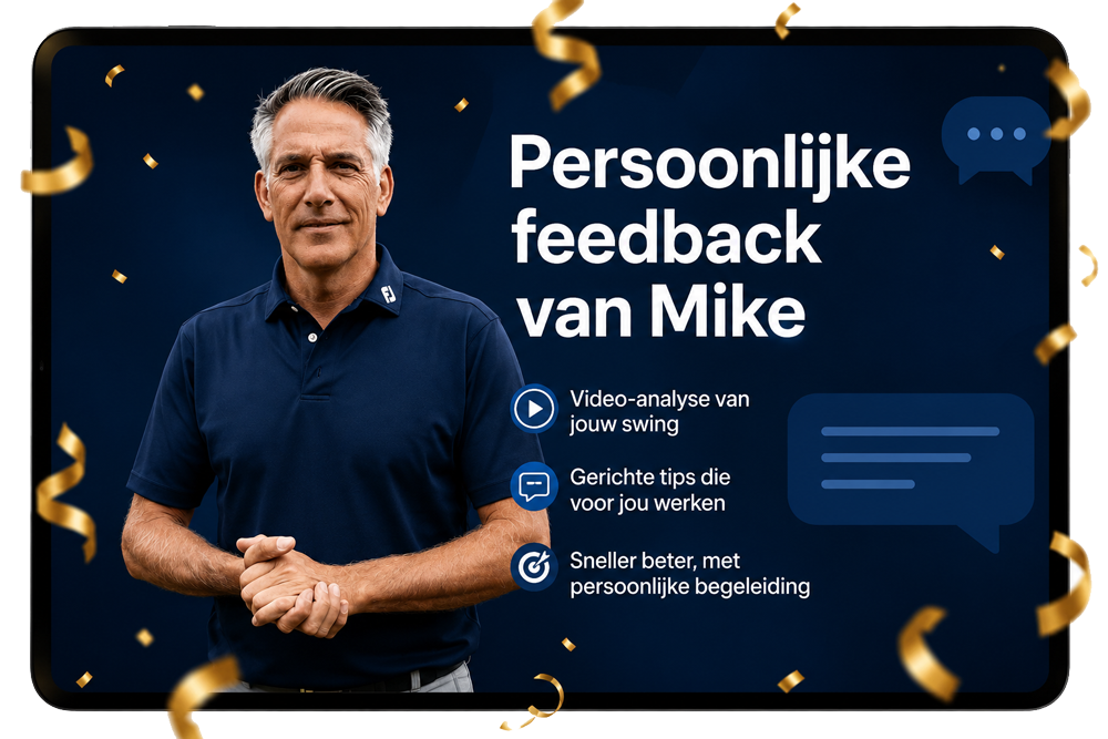 Golfwijzer Plus met PGA golfprofessional Mike van Wieringen, inclusief persoonlijke swinganalyse, WhatsApp-begeleiding, online mastersessies en toegang tot meer dan 200 golflessen.