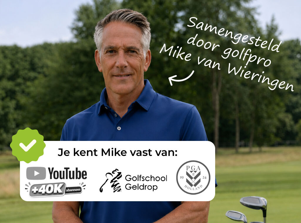 Mike van Wieringen, PGA golfprofessional en oprichter van Golfwijzer, op de golfbaan met zijn golftas bekend van YouTube, Golfschool Geldrop en PGA Holland.