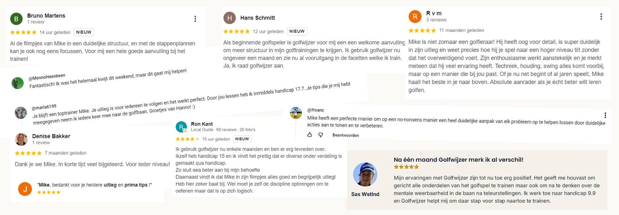 Reviews van Golfwijzer-leden over de online golflessen, oefenkaarten en begeleiding van golfpro Mike van Wieringen