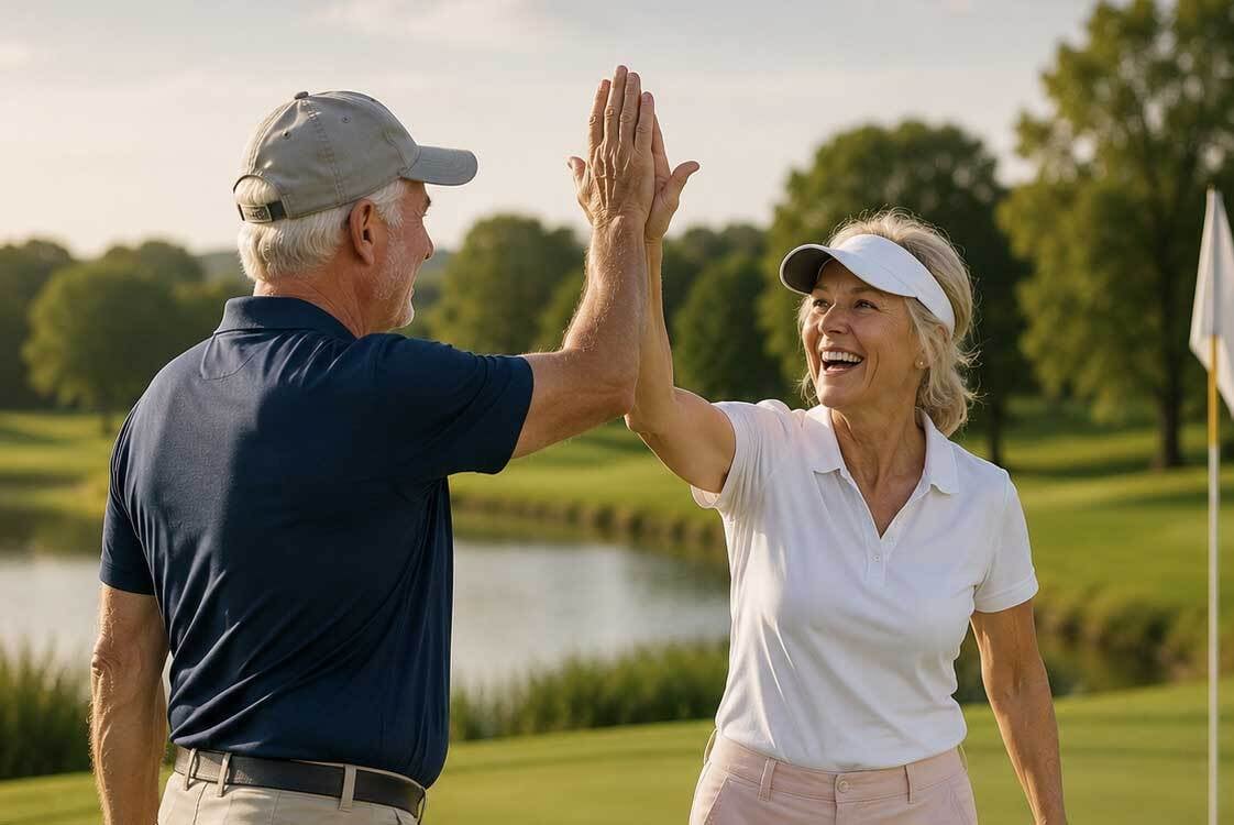 Mannelijke en vrouwelijke golfer van ongeveer 60 jaar geven elkaar een high five op de green na een geslaagde slag. Beiden lachen en genieten zichtbaar van hun golfspel op een zonnige golfbaan.
