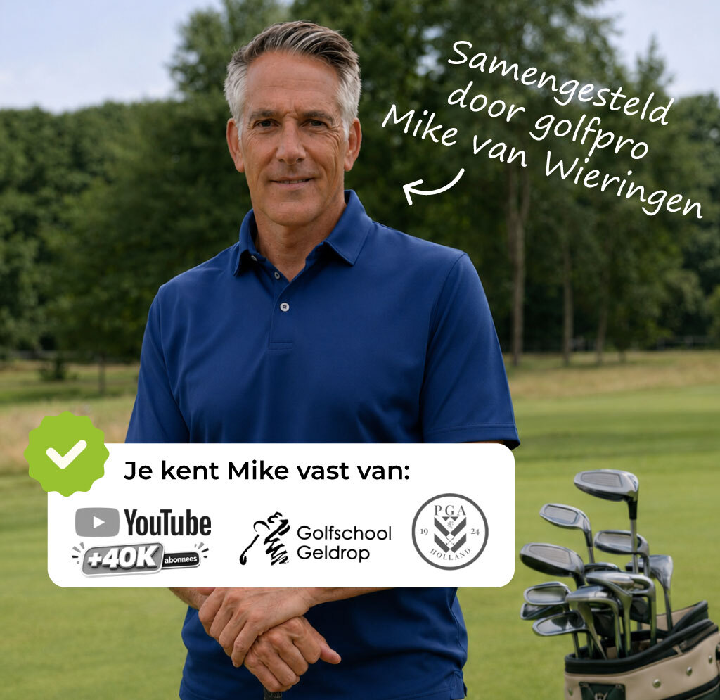 Mike van Wieringen, PGA golfprofessional en oprichter van Golfwijzer, op de golfbaan met zijn golftas bekend van YouTube, Golfschool Geldrop en PGA Holland.